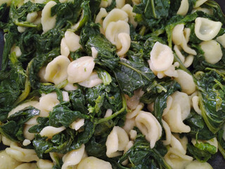 typical italian pasta named orecchiette with turnip greens