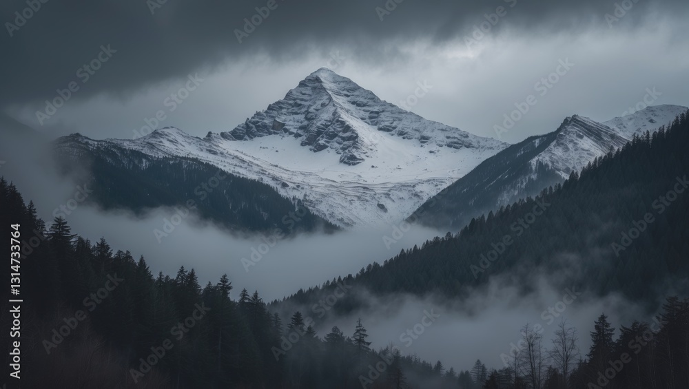 Wall mural dark atmospheric landscape featuring a forested snowy mountain enveloped in low clouds. gloomy overc