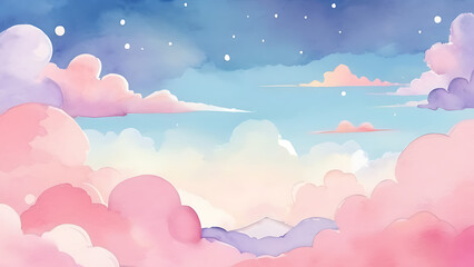 Pink Clouds and Starry Sky Watercolor Illustration for Dreamy Backgrounds