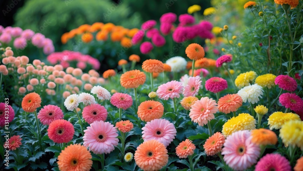 Poster a vibrant garden bed filled with colorful gerberas, where each layer of petals reflects the gentle l