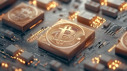 Cryptocurrency mining process virtual environment digital art technology close-up bitcoin circuit board