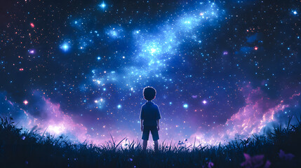 Fototapeta premium Illustration of a boy looking at night starry sky with glitter glow galaxy flicker above, idea for prayer of hope, love, peace theme,