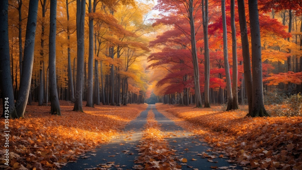 Poster autumn road in a forest with a backdrop of leaves.