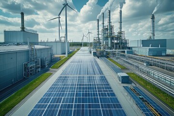 Solar Panels and Wind Turbines at Industrial Plant
