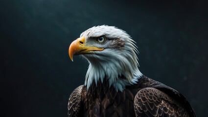 Fototapeta premium Portrait of a bald eagle set against a dark backdrop.