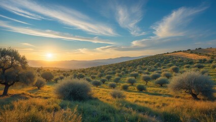 Fototapeta premium Panoramic view of an olive tree plantation during sunset.