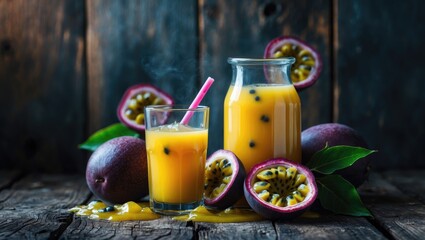 Passion fruit juice and fruits arranged on a wooden surface. Fruits.