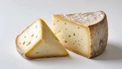 Pieces of natural hard cheese on a white background.