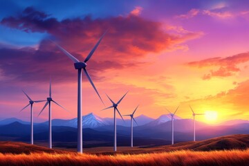 A pixel art wind farm with animated spinning turbines, set against a vibrant pixelated sunrise and a retro 16-bit countryside scene