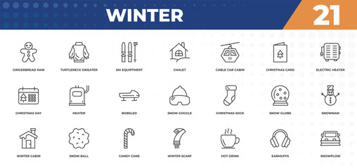 outline icons set - winter concept. gingerbread man, turtleneck sweater and more.