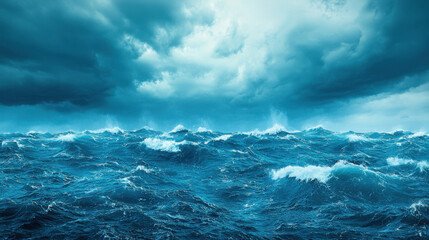Dramatic stormy ocean with massive crashing waves under dark clouds