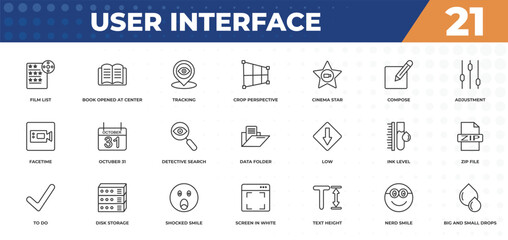 outline icons set - user interface concept. film list, book opened at center and more.