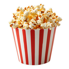 Close-up of a striped popcorn bucket overflowing with freshly popped popcorn on a white background.