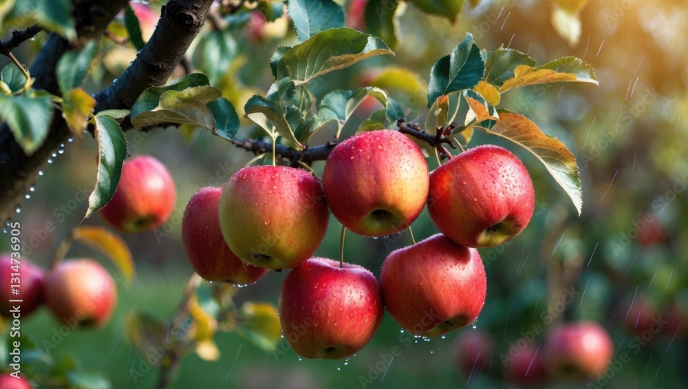 Aufkleber autumn day. rural garden scene featuring ripe red apples on a tree. rain is falling. horizontal fram