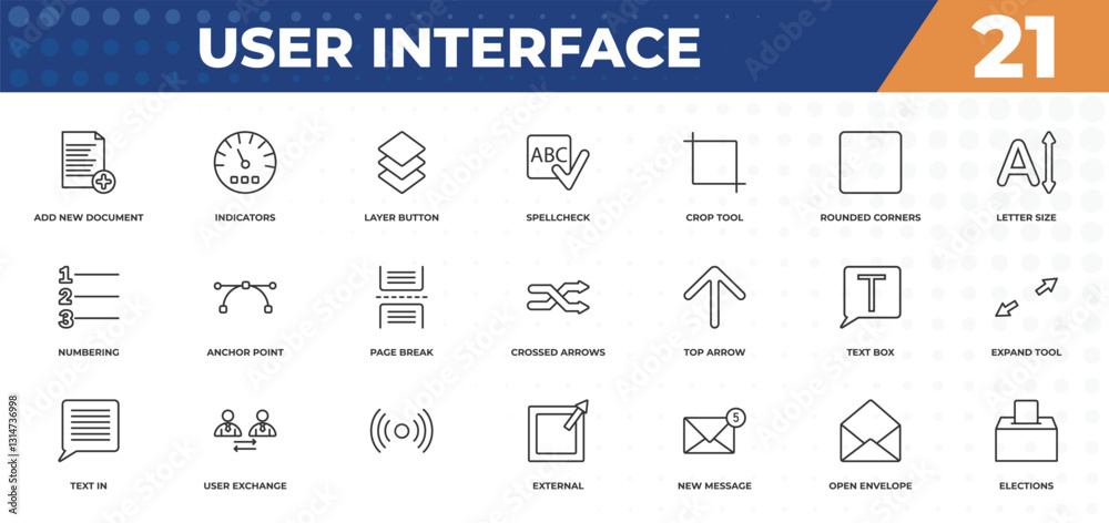 Poster outline icons set - user interface concept. add new document, indicators and more.