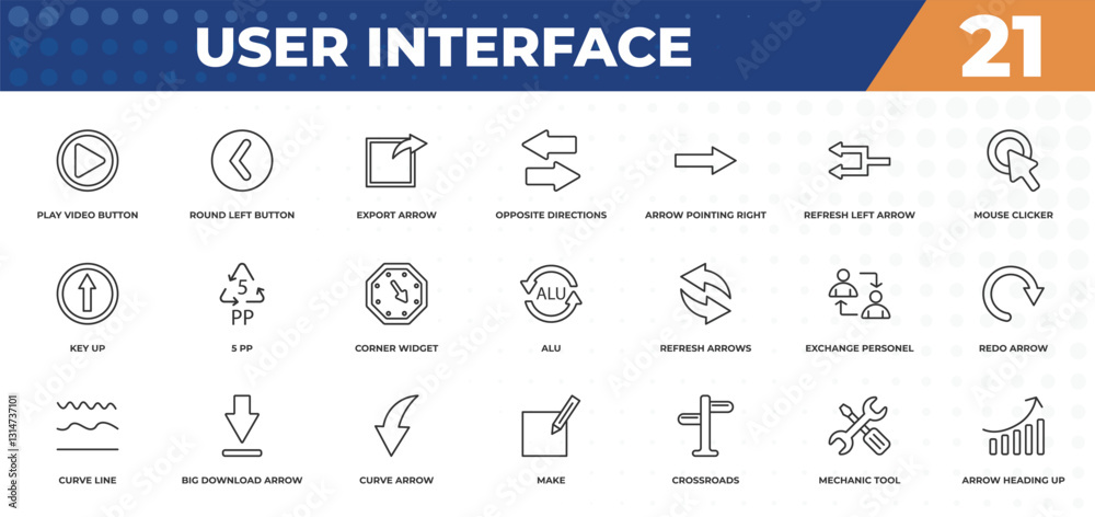 Poster outline icons set - user interface concept. play video button, round left button and more.