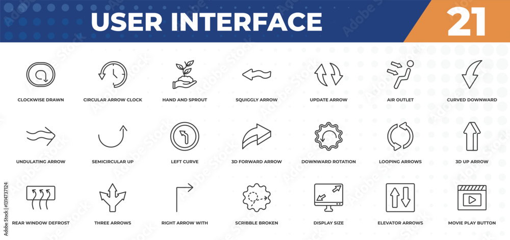 Poster outline icons set - user interface concept. clockwise drawn arrow, circular arrow clock and more.