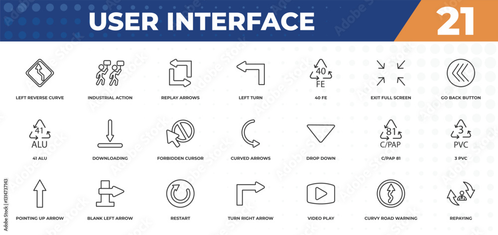 Poster outline icons set - user interface concept. left reverse curve, industrial action and more.