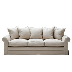 Obraz premium Comfortable beige sofa with plush cushions, perfect for a cozy living room setting. Ideal for relaxation and interior design.