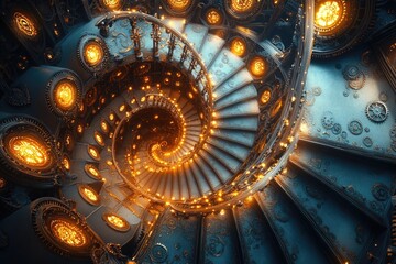 Fototapeta premium Spiral Staircase of Gears and Lights: A Steampunk Dream