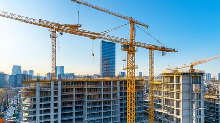 a large construction site, towering yellow cranes lifting steel beams