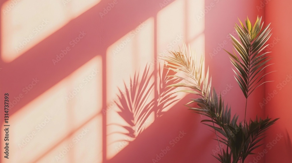 Poster soft sunlight streams through a window, casting intricate shadows of palm leaves on a charming pink 