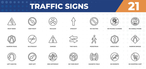 outline icons set - traffic signs concept. right bend, keep right and more.