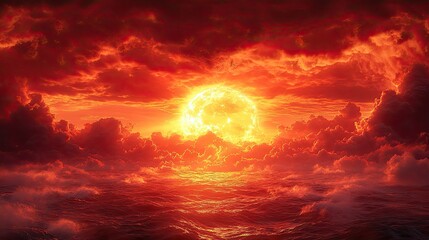 Dramatic sunset sky filled with billowing clouds illuminated in vibrant shades of orange,