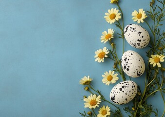 Fototapeta premium Speckled Easter Eggs with Daisies on Blue Background for Spring Celebrations