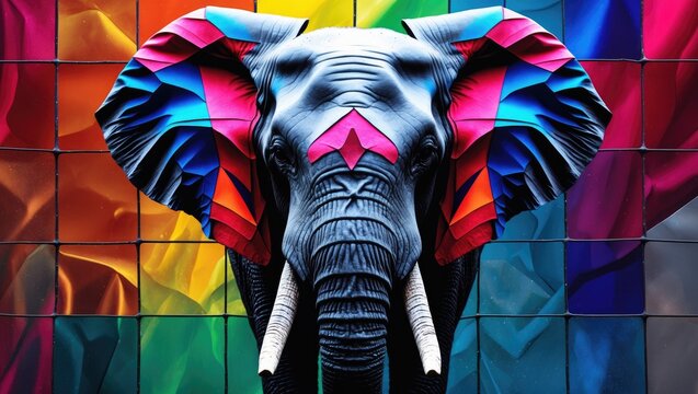 Photo resembling stained glass featuring an abstract elephant head against a rainbow background, rectangular image.
