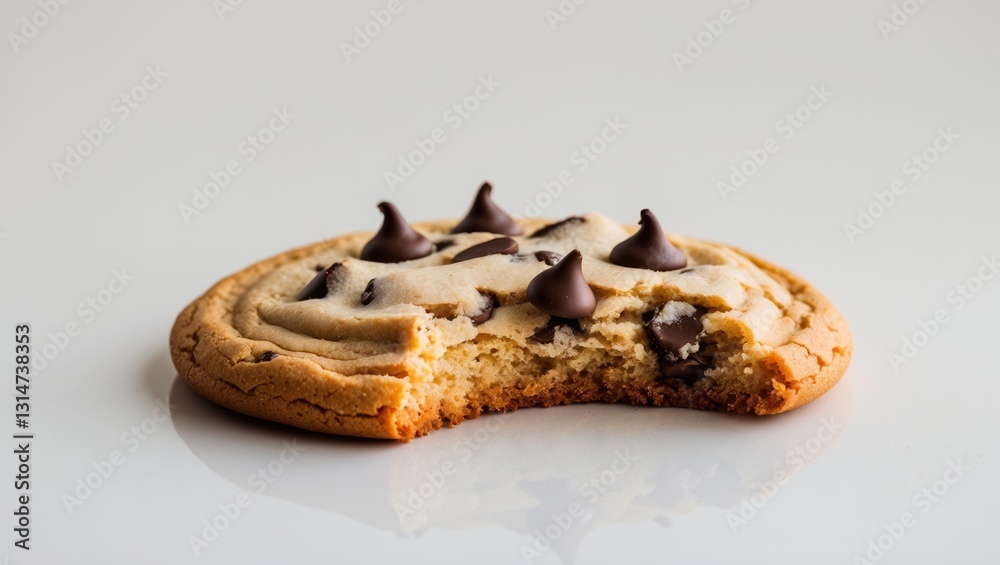 Poster background featuring a single chocolate chip cookie with one bite taken out.
