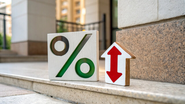 Percentage sign symbol between down and up arrow for financial banking increase interest rate or mortgage investment dividend from business growth concepts