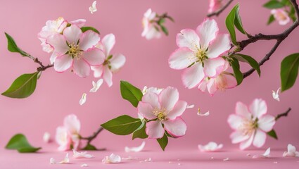 Fototapeta premium Fresh quince blossom, lovely pink flowers drifting in the air against a pink background. Zero gravity or levitation, spring flowers concept.