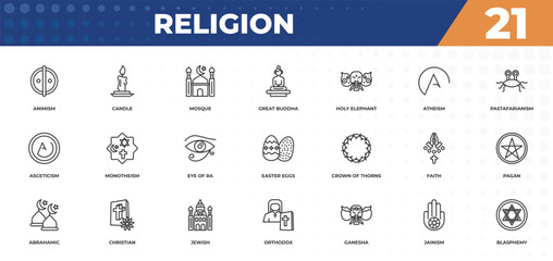 outline icons set - religion concept. animism, candle and more.