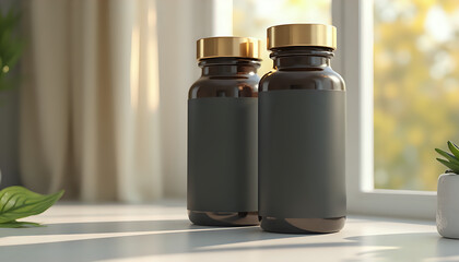 mockup of two brown glass bottles on a table