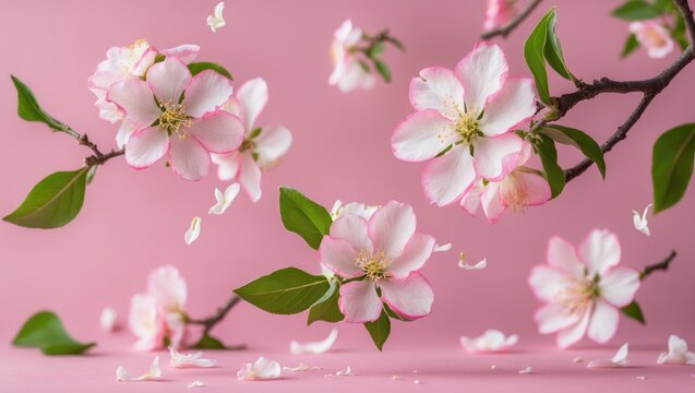 Fresh quince blossom, lovely pink flowers drifting in the air against a pink background. Zero gravity or levitation, spring flowers concept.