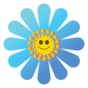 Set of cute blue and yellow smiley flower icons. Flat vector illustration
