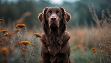 Beautiful chocolate flat-coated retriever in a natural setting.