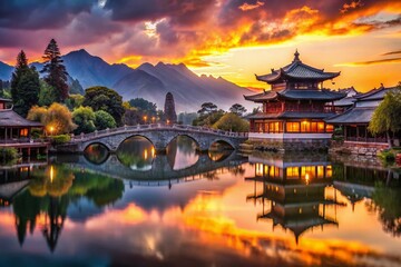 Obraz premium Lijiang Old Town Silhouette: Black Dragon Pool Park, Yunnan, China Sunset