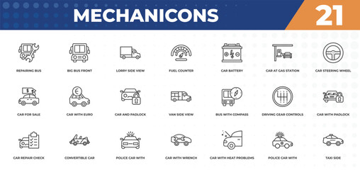 outline icons set - mechanicons concept. repairing bus, big bus front and more.