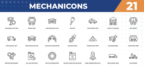 outline icons set - mechanicons concept. changing car tire, public bus and more.