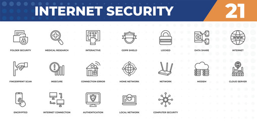 outline icons set - internet security concept. folder security, medical research and more.