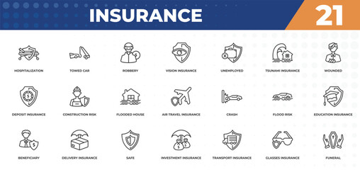 outline icons set - insurance concept. hospitalization, towed car and more.
