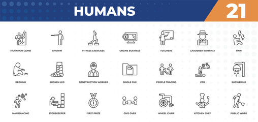 outline icons set - humans concept. mountain climb, showin and more.