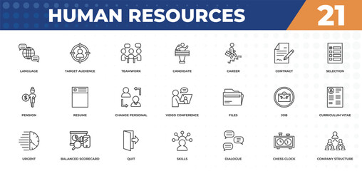 Fototapeta premium outline icons set - human resources concept. language, target audience and more.