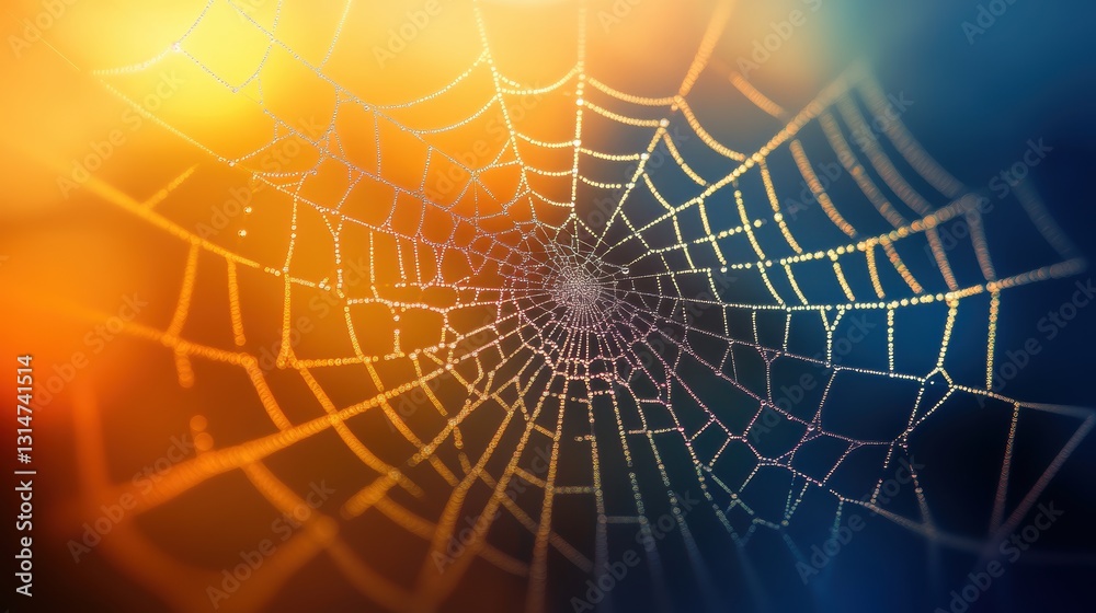 Wall mural beautiful spider web in wild field with dew in morning in spring.
