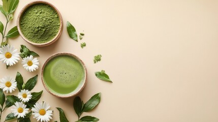 Matcha powder and brewed matcha tea in bowls with chamomile flowers and leaves on beige background.