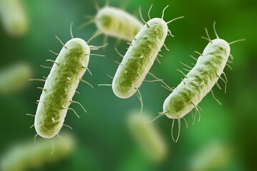 Fototapeta premium Microscopic Bacteria Floating, Green Background
