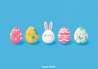 Colorful Easter Eggs and Bunny Character on Blue Background Celebrating Holiday