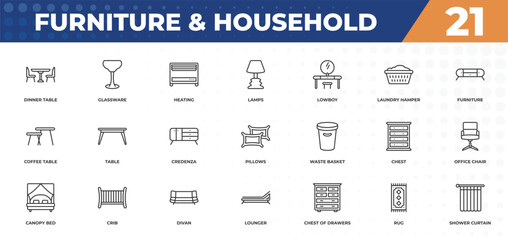 outline icons set - furniture & household concept. dinner table, glassware and more.